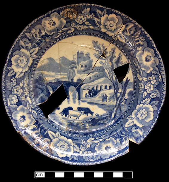 Pearlware small plate underglaze printed in medium blue. Continuous repeating floral border. 6.25” rim diameter, .75” vessel height.